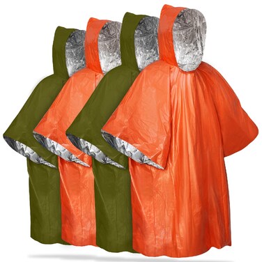 FosPower Emergency Rain Poncho [4 Pack] [Retains 90% Body Heat] Reusable Weather Resistant Raincoat for Men, Women, Adults, Camping, Hiking, Emergency Supplies &amp; Survival Kits (Green + Orange)