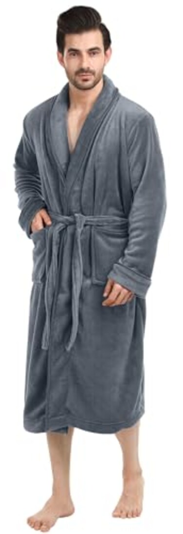 NY Threads Luxurious Men's Shawl Collar Fleece Bathrobe Long Spa Robe, Large-X-Large, Grey