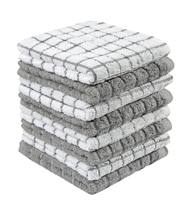 Bumble Premium Cotton Dish Cloths (12" x 12") Grey Check Design   Highly Absorbent   Natural Ring Spun Cotton   Kitchen Dish Towel Set   380 GSM - 8 Pack
