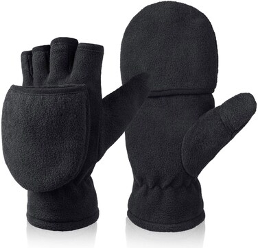 BESSTEVEN Winter Fingerless Gloves for Men Women   Convertible Flip Top Mittens - Thermal Polar Fleece Warm Lightweight for Texting Jogging - Black Medium