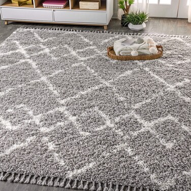 JONATHAN Y MCR102C-3 Mercer Shag Plush Tassel Moroccan Tribal Trellis Geometric Indoor Area-Rug Bohemian Contemporary Easy-Cleaning Bedroom Kitchen Living Room, 3 X 5, Grey/Cream