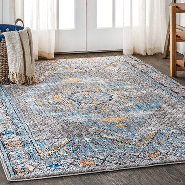 JONATHAN Y RES100A-4 Izmit Geometric Vintage Medallion Indoor Area -Rug Glam Rustic Easy -Cleaning Bedroom Kitchen Living Room Non Shedding, 4 X 6, Gray,Mustard,Turquoise