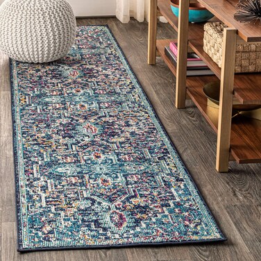 JONATHAN Y CAV101A-28 Zafra Vintage Medallion Indoor Area-Rug Bohemian Easy-Cleaning High Traffic Bedroom Kitchen Living Room Non Shedding, 2 ft x 8 ft, Peacock Blue/Navy