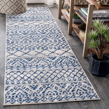 JONATHAN Y MOH103A-28 Moroccan Hype Boho Vintage Tribal Cream/Blue 2 ft. x 8 ft. Runner Rug, Bohemian, Easy-Cleaning, for Bedroom, Kitchen, Living Room, Non Shedding, Cream,Blue