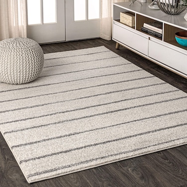 JONATHAN Y MOH201A-8 Williamsburg Minimalist Stripe Indoor Farmhouse Area-Rug Bohemian Minimalistic Easy-Cleaning Bedroom Kitchen Living Room Non Shedding, 8 X 10, Cream,Gray