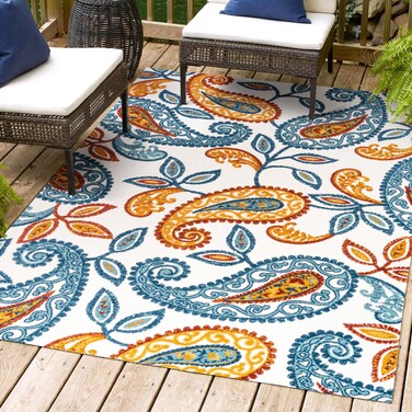 JONATHAN Y AMC102B-4 Julien Paisley High-Low Indoor Outdoor Area-Rug Bohemian Floral Easy-Cleaning High Traffic Bedroom Kitchen Backyard Patio Porch Non Shedding, 4 X 6, Orange/Blue