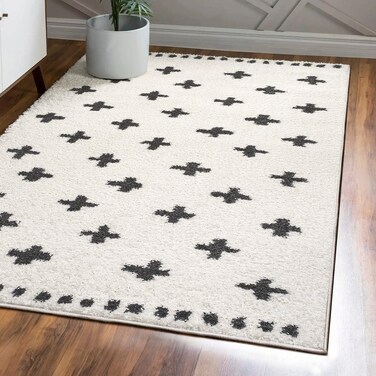 JONATHAN Y MOH403A-8 Cristo Berber Geometric Shag Indoor Area-Rug Bohemian Contemporary Easy-Cleaning Bedroom Kitchen Living Room Non Shedding, 8 X 10, White/Black