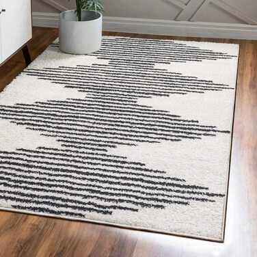 JONATHAN Y MOH408A-4 Elm Diamond Stripe Geometric Shag Indoor Area-Rug, Bohemian, Contemporary, Shags Easy-Cleaning,Bedroom,Kitchen,Living Room,Non Shedding, White/Gray, 4 X 6