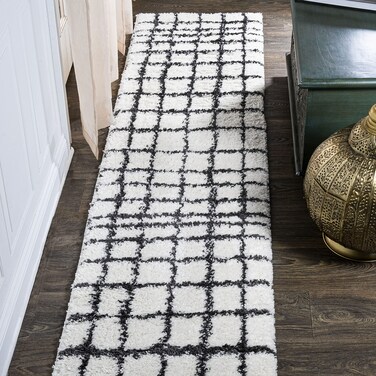 JONATHAN Y MOH409A-210 Arenal Geometric Grid Shag Indoor Area-Rug Bohemian Contemporary Glam Easy-Cleaning Bedroom Kitchen Living Room Non Shedding, 2 X 10, White/Black