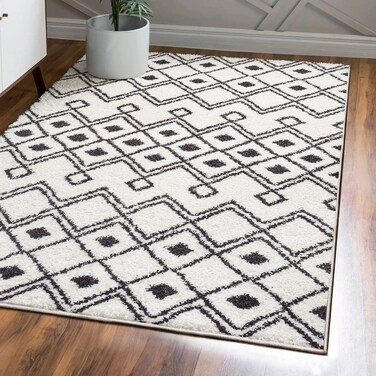 JONATHAN Y MOH412A-4 Caimari Moroccan Diamond Shag Indoor Area-Rug, Bohemian, Contemporary, Shags Easy-Cleaning,Bedroom,Kitchen,Living Room,Non Shedding, White/Gray, 4 X 6