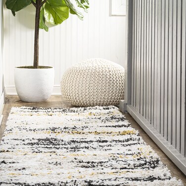 JONATHAN Y SHG102A-28 Nova Modern Bold Strie' Shag Indoor Area -Rug Bohemian Contemporary Abstract Distressed Easy -Cleaning Bedroom Kitchen Living Room Non Shedding, 2 X 8, Beige/Black/Yellow