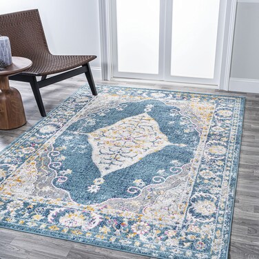 JONATHAN Y MDP213A-4 Zelda Bohemian Cottage Medallion Indoor Area-Rug Bohemian Vintage Easy-Cleaning Bedroom Kitchen Living Room Non Shedding, 4 X 6, Dark Turquoise/Light Gray