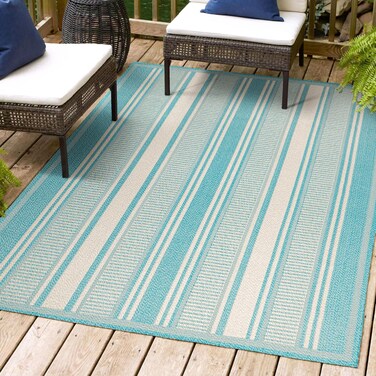 JONATHAN Y SMB202A-3 Haynes Modern Double Stripe Indoor Outdoor Farmhouse Transitional Area Rug,High Traffic,Kitchen,Living Room,Backyard,Non Shedding,3 X 5,Aqua/Beige