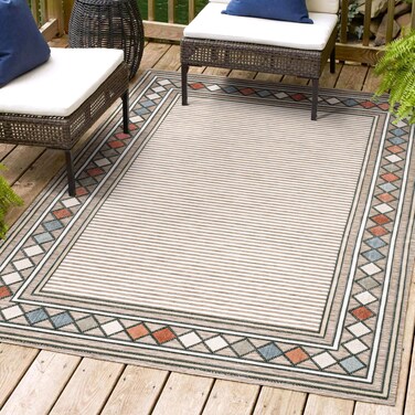 JONATHAN Y HWC102A-3 Sebastian High-Low Modern Diamond Border Indoor/Outdoor Area Rug, Border, Classic, Coastal, Backyard, Patio, Porch, Easy-Cleaning, Non-Shedding, 3 X 5, Brown/Ivory