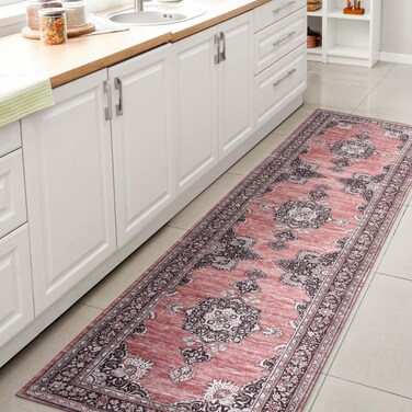 JONATHAN Y WSH201B-28 Bausch Bohemian Distressed Chenille Machine-Washable Runner Rug, Classic, Mediterranean, Rustic for Living Room, Dining Room, Bedroom, Kitchen, Dark Pink/Black/White, 2 X 8