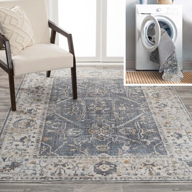 JONATHAN Y WSH321A-4 Brandy Rustic Border Low-Pile Machine-Washable Area Rug, Classic, Traditional, Glam for Bedroom, Kitchen, Living Room, Easy-Cleaning, Dark Gray/Cream, 4 ft. x 6 ft.