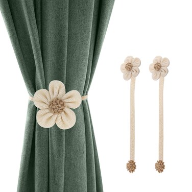Lewondr Magnetic Window Curtain Rope Holdbacks, 2 Pieces Simple and Elegant Sunflower Decorative Knitted Cord Drapery Holder Curtain Tieback Accessories for Home Office Decor, Large - Cream&amp;Beige