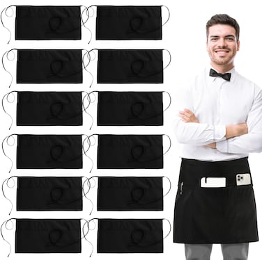 Utopia Wear 12 Pack Server Apron with 3 Pockets, Waist Apron for Waiter Waitress, 12 Inches, Black