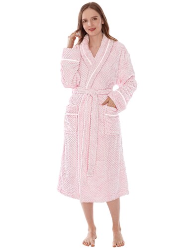 PAVILIA Women Plush Fleece Robe, Light Pink Soft Textured Bathrobe, Lady Cozy Spa Long Robe, Fuzzy Satin Waffle Trim, S/M