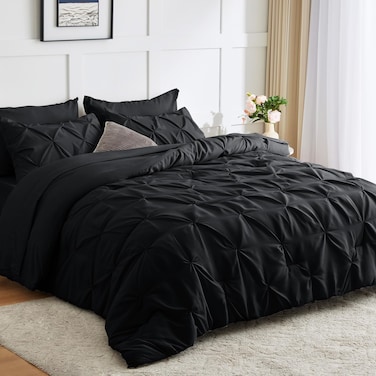 CozyLux Queen Comforter Set 7 Pieces Bed in A Bag Black Comforters Queen Size Bed Set Pintuck Pinch Pleat Complete Bedding Sets with Comforter, Flat Sheet, Fitted Sheet and Pillowcases &amp; Shams