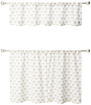 Kensie Roza 100% Cotton Heart Print Kitchen Tier &amp; Valance Set   Small Window Curtain for Cafe, Bath, Laundry, Bedroom, Taupe