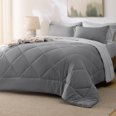 Bedsure Queen Comforter Set - 7 Pieces Reversible Grey Bedding, Queen Size Bed Set for All Seasons, Bed in a Bag with Down Alternative Comforter, Sheets, Pillowcases &amp; Shams