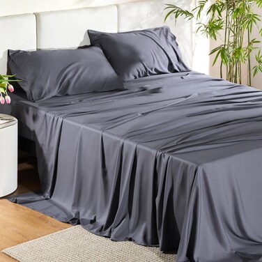 Bedsure Queen Sheet Set, Cooling Sheets for Queen Size Bed Set, Rayon Derived from Bamboo, Breathable &amp; Soft Deep Pocket Up to 16 Inches, Hotel Luxury Silky Bedding, Bedsheet &amp; Pillowcases, Dark Grey