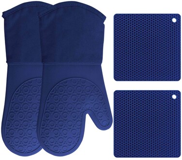 HOMWE Silicone Oven Mitts and Pot Holders, 4-Piece Set, Heavy Duty Cooking Gloves, Kitchen Counter Safe Trivet Mats, Advanced Heat Resistance, Non-Slip Textured Grip