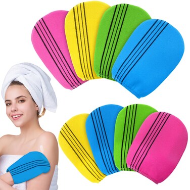 Tatuo 8 Pcs Korean Exfoliating Mitt Korean Scrub Mitt Asian Exfoliating Gloves 5.12 x 6.69 Inches Colorful Korean Body Scrub Washcloth for Smooth Cleaning Skin, Reducing Dirt and Grease