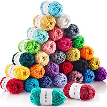 CRAFTISS 30x0.7Oz Acrylic Yarn Mini Skeins - 1300 Yards of Soft Yarn for Crocheting and Knitting Craft Project, Assorted Starter Crochet Yarn Bulk Kit for Adults and Kids