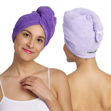 Turbie Twist 2-Pack Microfiber Hair Towel for Beauty, Travel, Gifting - Hair Wrap Turban for Straight, Wavy &amp; Curly Hair - Premium Hair Care - Dark Purple &amp; Light Purple