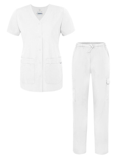 Adar Uniforms Universal Women's Scrub Set Snap Front Top and Multi Pocket Scrub Pants - 906 - White - 3X