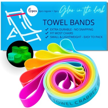 Towel Bands (6-Pack), Beach Pool &amp; Cruise Chairs, Extra Durable, No Snapping, Cruise Ship &amp; Beach Essentials, Great Alternative to Beach Towel Clips (3 Regular + 3 Glow in The Dark)