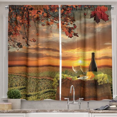 Ambesonne Wine Kitchen Curtains, Tuscany Land of Wine Grape Field Wine Bottle and Glasses Sunset Outdoor Rural View, Window Drapes 2 Panel Set for Kitchen Cafe Decor, 55" X 39", Green Orange