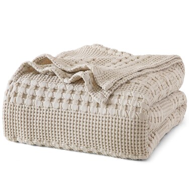 PHF 100% Cotton Waffle Weave Blanket King Size, Soft Lightweight Breathable Cozy Blankets for Bed, Luxury Aesthetic Woven Bedding for Home Decor, 108"x90", Oatmeal