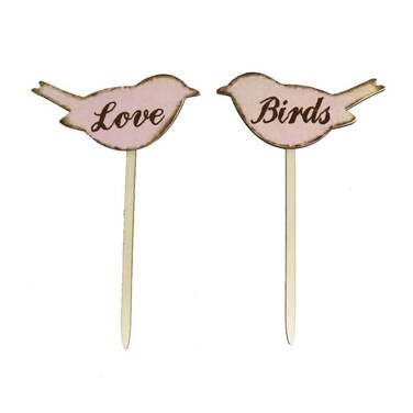 Exceart 2pcs Wooden Wedding Cake Toppers Love Birds Cupcake Toppers for Rustic Wedding Engagement Valentines Day Party Decoration