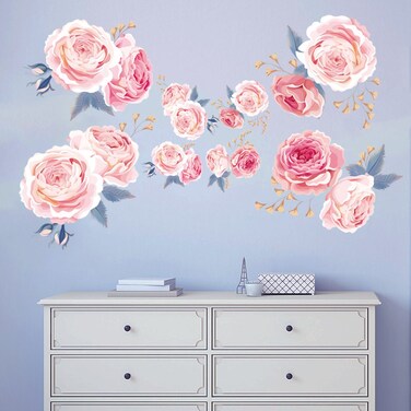 decalmile 16 Pink Rose Wall Stickers Removable Flower Wall Decals Bedroom Living Room Wall Art Decor