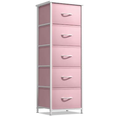 Sorbus Fabric Dresser for Kids Bedroom - Chest of 5 Drawers, Tall Storage Tower, Clothing Organizer, for Closet, for Playroom, for Nursery, Steel Frame, Fabric Bins - Wood Handle (Pink)