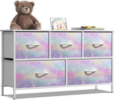 Sorbus Kids Dresser with 5 Drawers - Storage Chest Organizer Unit with Steel Frame, Wood Top, Easy Pull Fabric Bins - Long Wide TV Stand for Bedroom Furniture, Hallway, Closet &amp; Office Organization