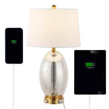 JONATHAN Y JYL4054A Reese 26.5" 1-Outlet Contemporary Style Iron/Glass LED Table Lamp with USB Charging Port Designer, Modern, Glam, Minimalist, Living Room, Dining Room, Bedroom, Silver/Brass Gold
