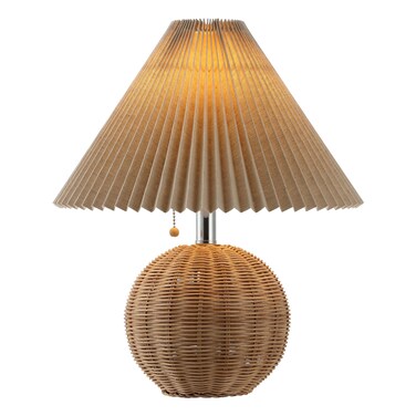 JONATHAN Y JYL1145C Aksel 17.25" Coastal Scandinavian Rattan/Iron Sphere LED Table Lamp with Pleated Shade and Pull Chain, Natural/Chrome/Dark Beige, for Bedroom, Living Room, Entry Console