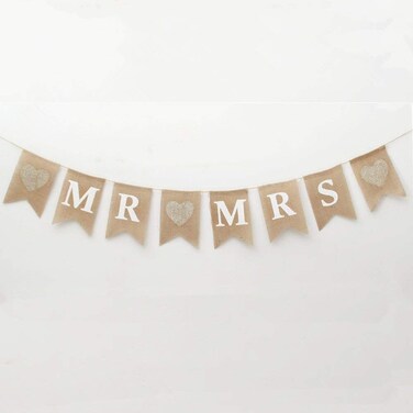 FQTANJU 8 Pcs/Set MR and MRS Burlap Banner, Wedding Hanging Banner for Wedding Photo Props, Table or Backdrop Decorations