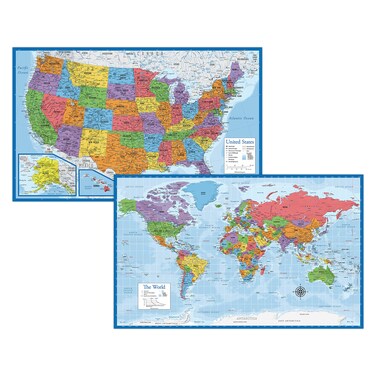 Laminated World Map &amp; US Map Poster Set - 18" x 29" - Wall Chart Maps of the World &amp; United States - Made in the USA (LAMINATED)