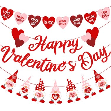 Valentine's Day Garland Banner Including Glitter Happy Valentine's Day Banner, Valentines Gnomes Garland Banner, XOXO Heart Garland for Valentines Gnomes Wedding Engagement Anniversary Party