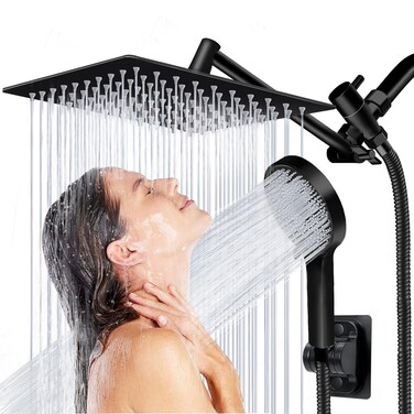 Shower Head, 8 inch Multifunction High Pressure Rain Shower Head with Handheld Spray Combo with 11'' Angle Adjustable Extension Arm/Flow Regulator/Shower System Matte Black