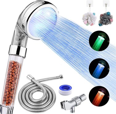 FASTRAS LED Shower Head with Handheld, High Pressure Shower Head with Hose, Holder &amp; PTFE Tape etc, 3 Water Temperature-Controlled Water Saving Filtered Shower Head for Dry Hair&amp; Skin