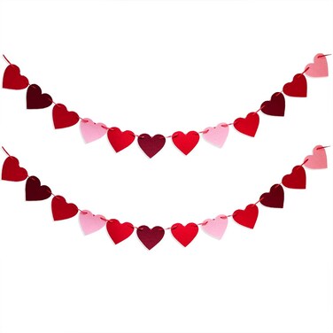 48Pcs Heart Garland Banner for Valentines Day Decorations Red Pink Heart Felt Banners Garland for Fireplace, Anniversary, Wedding, Engagement Party Home Decor