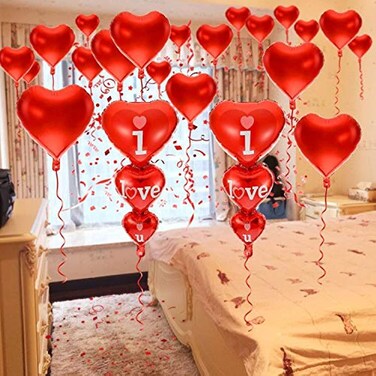 20 + 2 I Love You Balloons - Helium Supported - Love Balloons - Valentines Day Decorations and Gift Idea for Him or Her, Wedding Birthday Decorations   Valentine Balloons,Ribbon &amp; Straw Included