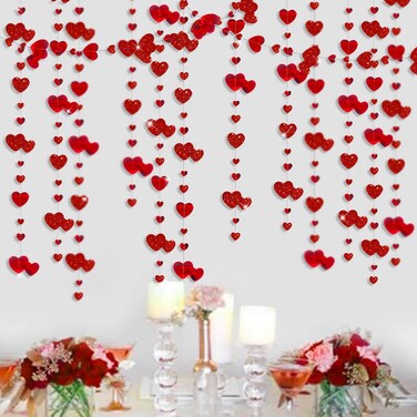 pinkblume Valentines Day Party Decoration Red Heart Garland Metallic Glitter Hanging Heart Streamer Banner for Anniversary Mother's Day Engagement Wedding Bridal Shower Bachelorette Hen Party Supplies