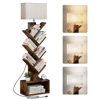 Evermagin 6 Tier Tree Bookshelf with Light, Narrow Bookcase Tower, Tall Floor Standing Book Organizer with Storage Cabinet for Living Room, Bedroom and Home Office, Rustic Brown